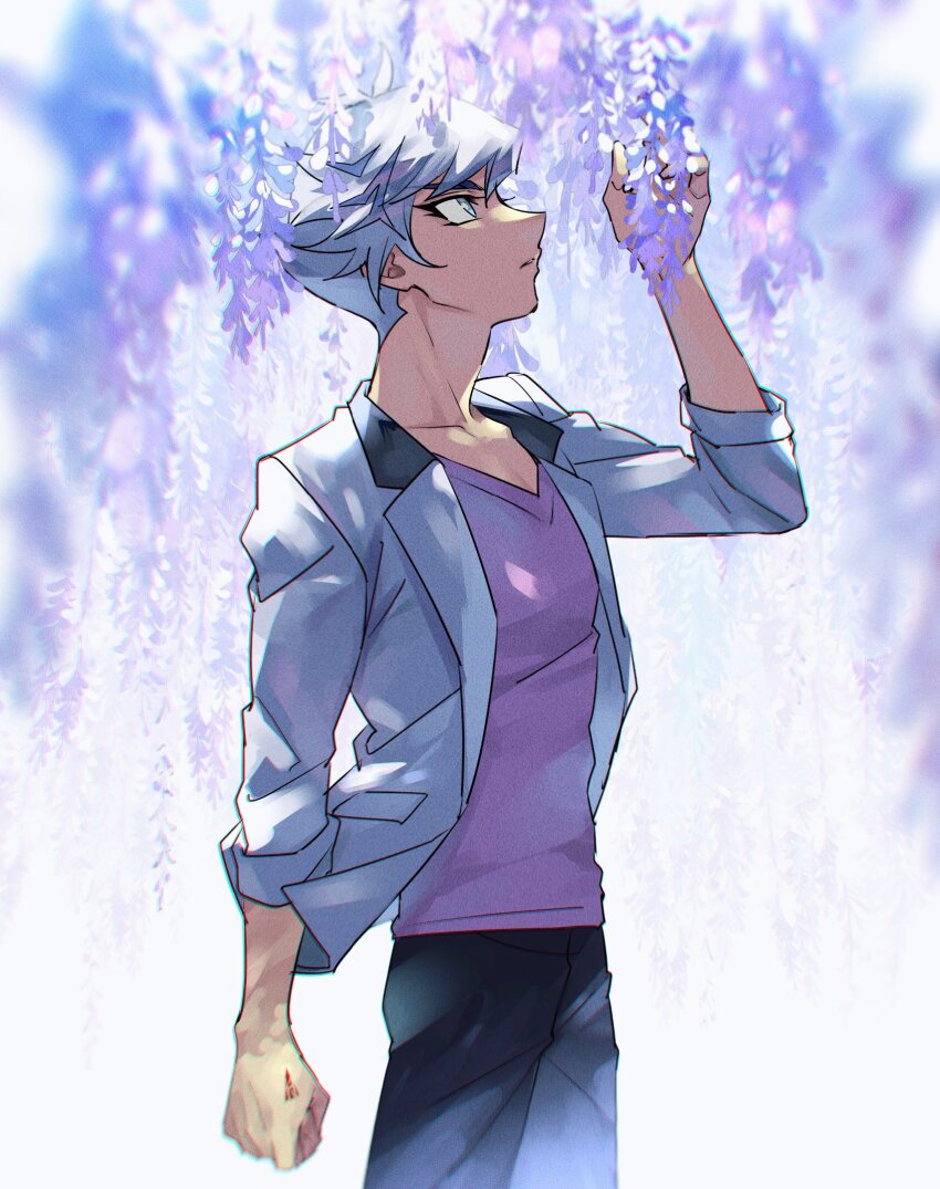 1boy arm_up black_pants blazer blue_eyes blurry blurry_background blurry_foreground cherry_blossoms clenched_hand commentary dappled_sunlight facing_to_the_side flower hand_tattoo hand_up highres jacket kogami_ryoken light_particles looking_at_flowers looking_at_object looking_to_the_side looking_up male_focus mayona_(mayona1poke) multicolored_hair open_clothes open_jacket pants picking_flowers picking_up pink_shirt purple_flower shirt sleeves_rolled_up streaked_hair sunlight tattoo tree under_tree white_hair white_jacket wind yu-gi-oh! yu-gi-oh!_vrains
