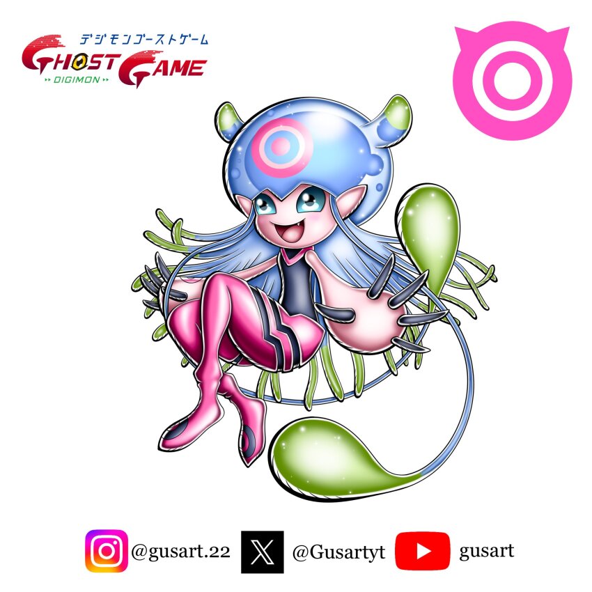 blue_eyes digimon digimon_(creature) digimon_ghost_game fang floating gusart happy highres instagram_logo instagram_username jellyfish_girl jellymon looking_at_viewer monster_girl smile tentacle_hair tentacles twitter_username twitter_x_logo youtube_logo youtube_username