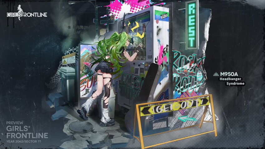 1girl asymmetrical_clothes asymmetrical_gloves bahao_diqiu black_collar black_gloves black_nails black_shirt black_shoes black_socks black_thighhighs bow bow_skirt bracelet breasts broken_glass character_name collar commentary copyright_name crop_top english_commentary english_text fingerless_gloves fingernails fishnet_thighhighs fishnets full_body girls&#039;_frontline glass gloves graffiti green_hair grey_skirt guitar_case highres instrument_case jewelry lamppost leg_warmers long_hair m950a_(girls&#039;_frontline) m950a_(headbanger_syndrome)_(girls&#039;_frontline) manhole_cover medium_breasts miniskirt name_tag official_alternate_costume official_art open_mouth plaid_bow plaid_clothes plaid_skirt poster_(object) promotional_art purple_bow recycle_bin road_sign second-party_source shirt shoes short_sleeves shout_lines sign single_fishnet_legwear skindentation skirt sneakers socks solo spiked_bracelet spikes spray_can standing sticker stuffed_animal stuffed_toy teddy_bear thigh_strap thighhighs torn_clothes torn_gloves torn_skirt torn_socks traffic_light twintails vending_machine very_long_hair warning_sign white_leg_warmers wire_fence yellow_eyes