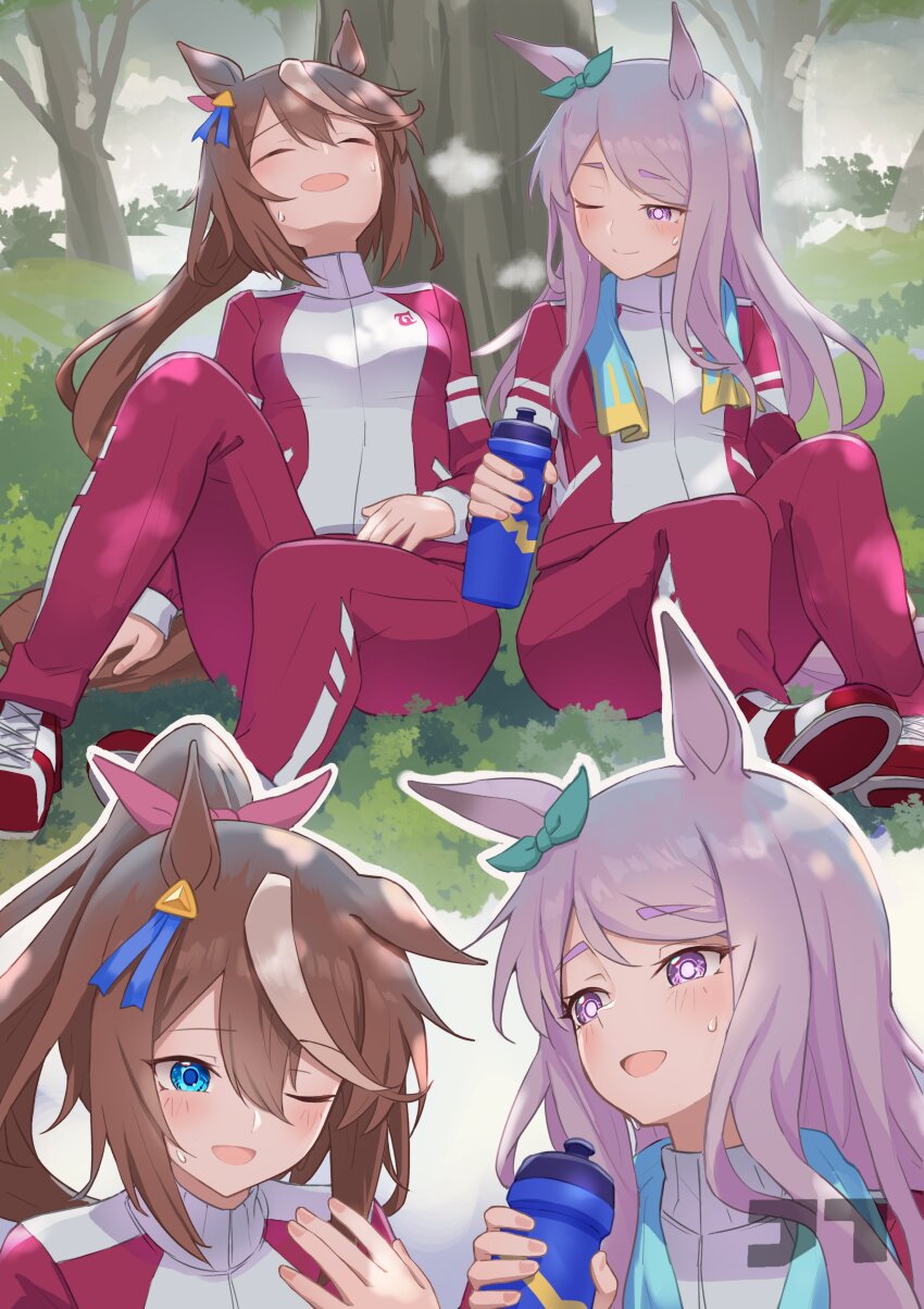2girls absurdres animal_ears blue_eyes blush bottle bow brown_hair closed_eyes commentary full_body geass green_bow highres holding holding_bottle horse_ears horse_girl horse_tail jacket jtleeklm mejiro_mcqueen_(umamusume) multicolored_hair multiple_girls one_eye_closed outline pants purple_eyes purple_hair red_shoes red_track_suit shoes sitting streaked_hair symbol-only_commentary tail tokai_teio_(umamusume) towel towel_around_neck tracen_training_uniform track_jacket track_pants track_suit tree umamusume upper_body water_bottle watermark white_hair