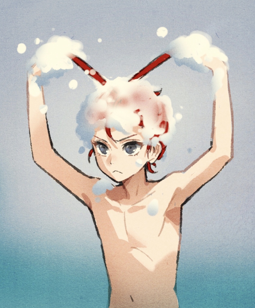 1boy :&lt; arms_up black_eyes funuyu gradient_background grey_background highres male_focus nude red_hair riddle_rosehearts shampoo short_hair showering simple_background solo twisted_wonderland upper_body washing_hair
