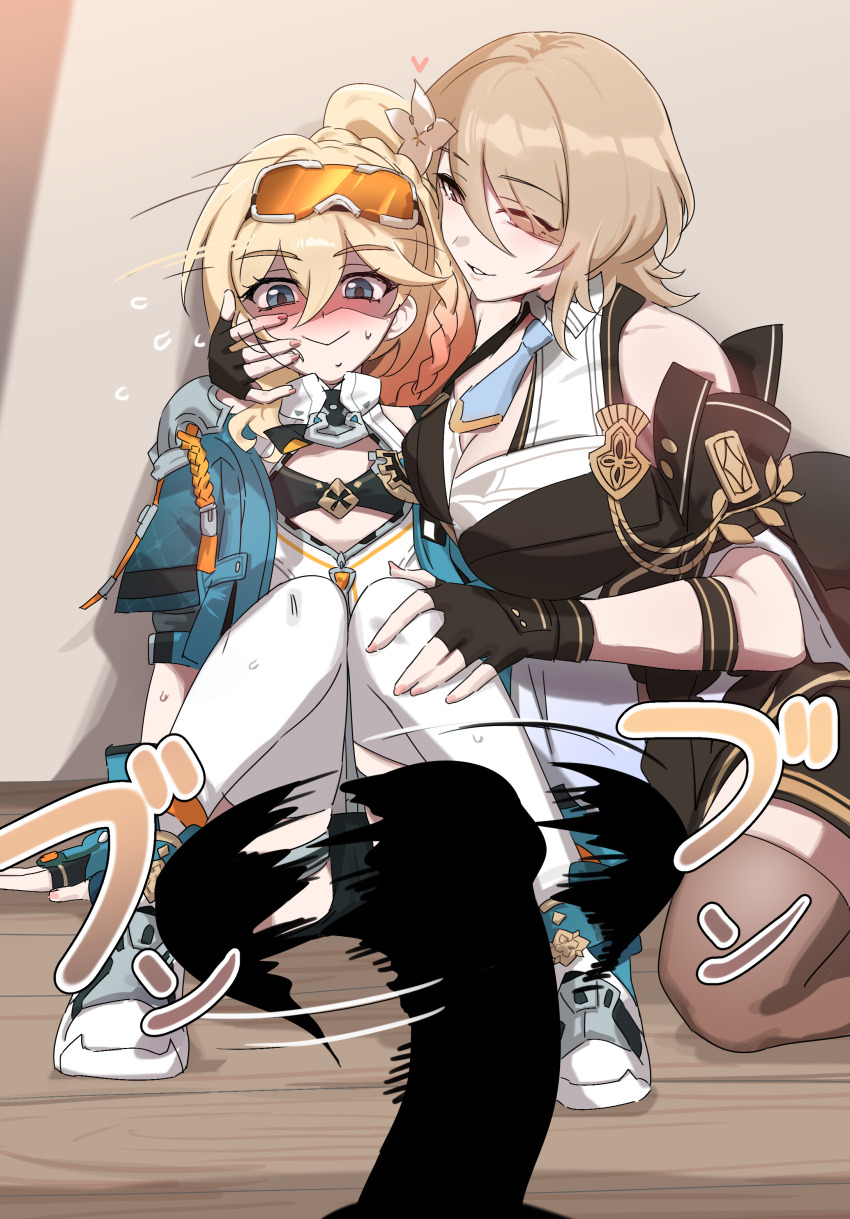 1boy 2girls absurdres afterimage black_dress black_gloves black_shorts blonde_hair blue_eyes blue_necktie blush braid breasts brown_hair brown_pantyhose captain_(honkai_impact) censored cleavage closed_mouth dress durandal_(honkai_impact) durandal_(reign_solaris)_(honkai_impact) fingerless_gloves gloves goggles goggles_on_head green_gloves green_jacket hair_over_one_eye hetero highres honkai_(series) honkai_impact_3rd indoors jacket large_breasts long_hair looking_at_penis multiple_girls necktie pantyhose ponytail pov purple_eyes rita_rossweisse saki_(remainaddd) short_hair short_necktie shorts smile thighhighs white_thighhighs wooden_floor