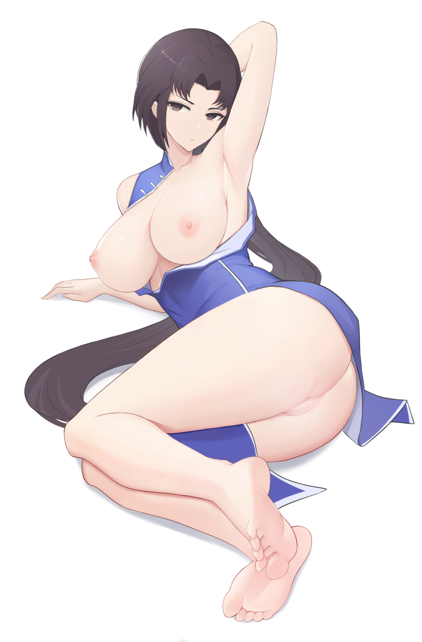 1girl absurdres arm_up armpits ass barefoot breasts breasts_out brown_eyes brown_hair censored china_dress chinese_clothes commission dress feet foot_focus full_body hair_intakes highres hong_xiu_ying large_breasts long_hair looking_at_viewer lying mosaic_censoring nipples on_side pixiv_commission ponytail pussy sega shenmue shenmue_i shenmue_ii shenmue_the_animation simple_background soles solo thighs toes ultra-13 very_long_hair white_background