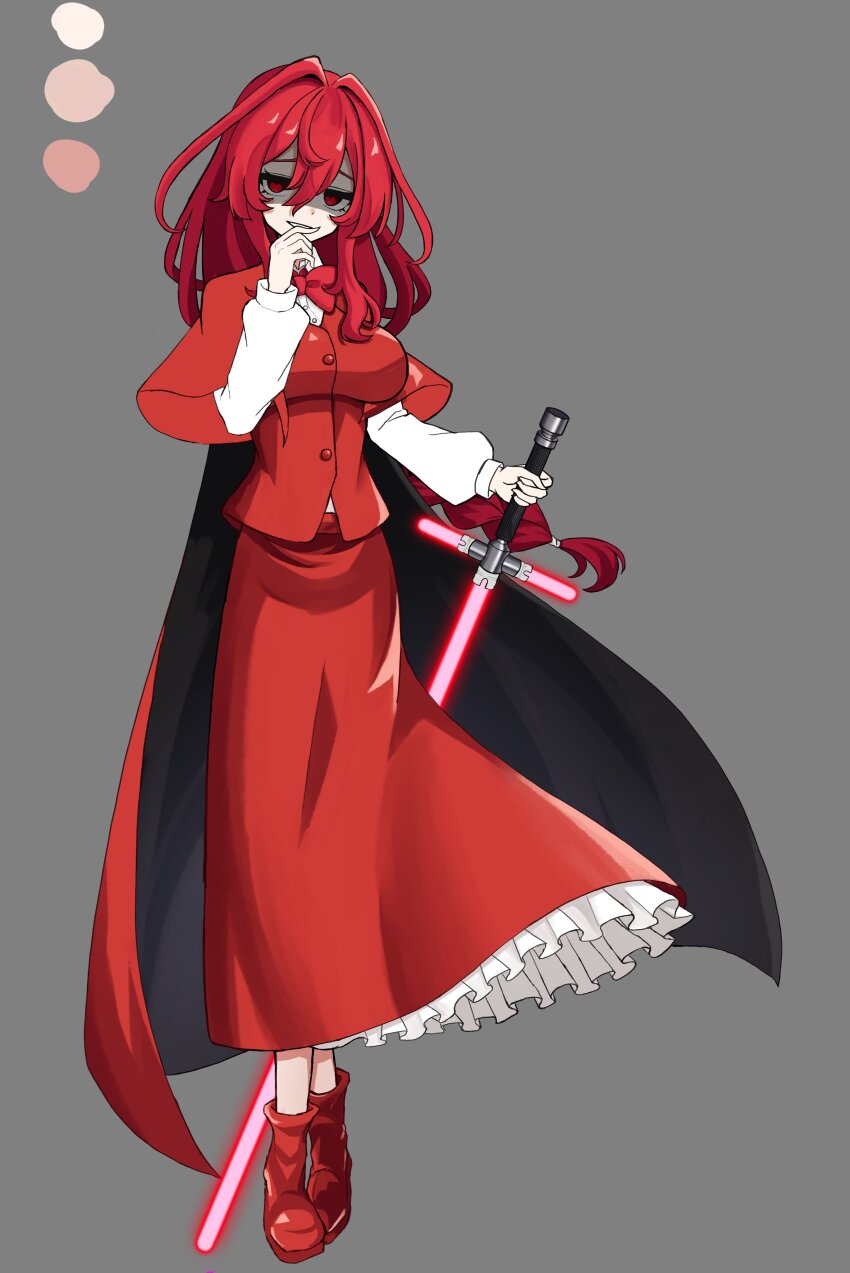1girl absurdres braid braided_ponytail breasts cape dress frilled_dress frills full_body glowing glowing_sword glowing_weapon grey_background hair_intakes highres holding holding_sword holding_weapon long_hair long_sleeves looking_at_viewer okazaki_yumemi red_cape red_eyes red_hair red_shirt red_skirt shaded_face shirt simple_background skirt solo standing sword tachi-e touhou touhou_(pc-98) variant_set weapon yabuhebi1067