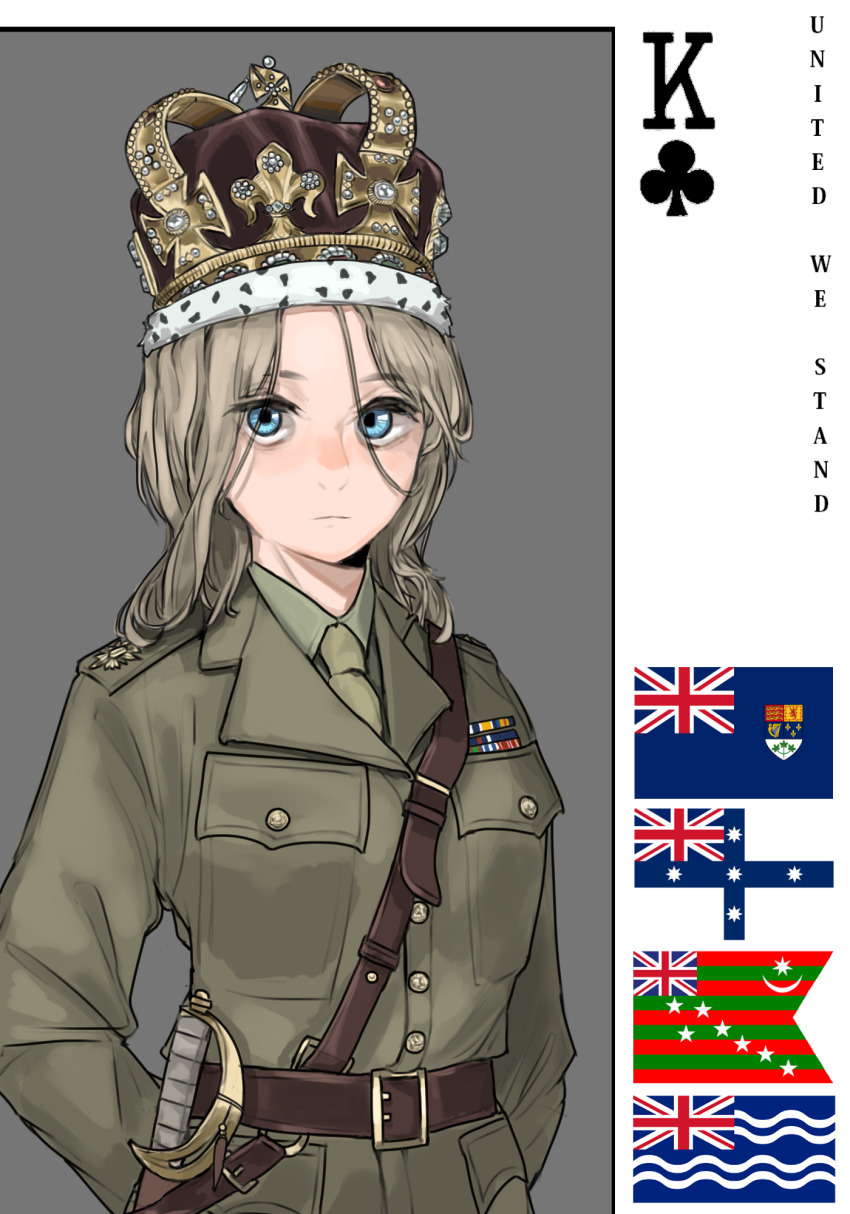 1girl arms_behind_back belt blonde_hair blue_eyes brown_belt coat collared_shirt crown green_coat green_necktie green_shirt hearts_of_iron highres kaiserreich king_(playing_card) king_of_clubs medium_hair military military_uniform necktie pzkpfwi shirt solo sword union_jack weapon