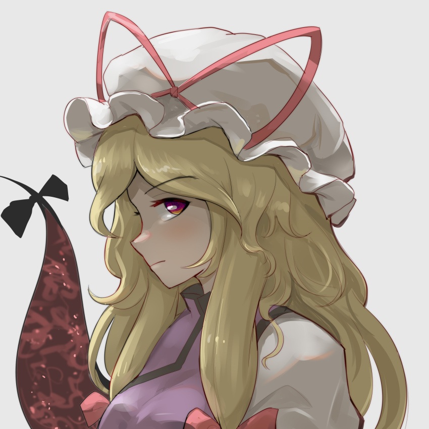 1girl absurdres black_ribbon blonde_hair breasts edz_drawz gap_(touhou) hat highres long_hair looking_at_viewer medium_breasts mob_cap purple_tabard red_eyes red_ribbon ribbon shirt side-eyed simple_background tabard touhou white_background white_shirt yakumo_yukari