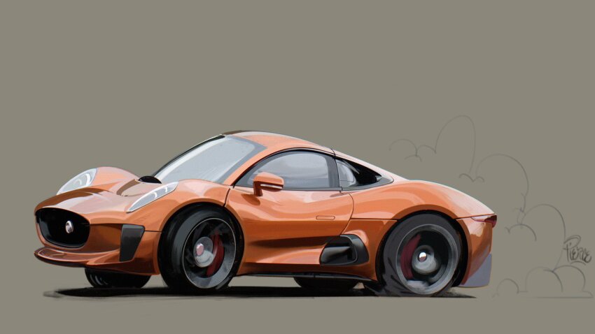 brown_background car commentary english_commentary from_side highres jaguar_(car) jaguar_c-x75 motion_blur motor_vehicle no_humans orange_car original shadow smoke sports_car vehicle_focus will_pierce