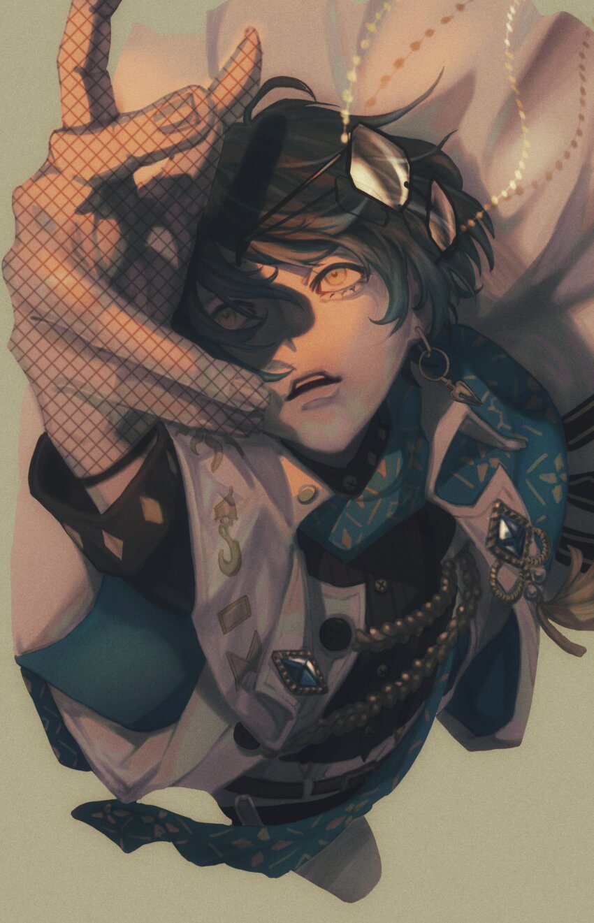 1boy absurdres belt black_shirt blue_hair blue_scarf brown_belt brown_hair coat earrings eyewear_strap film_grain fishnet_gloves fishnets from_above full_body glasses gloves gradient_hair hair_between_eyes highres hoop_earrings ike_eveland jewelry long_sleeves male_focus multicolored_hair nijisanji nijisanji_en pants parted_lips reaching reaching_towards_viewer scarf shirt simple_background solo unworn_eyewear virtual_youtuber white_coat white_pants wsg_koyo yellow_eyes