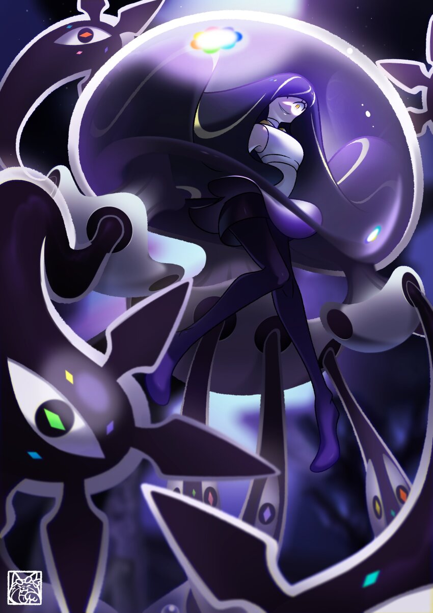 1girl absurdres black_hair blonde_hair commentary dress english_commentary evil_smile eyelashes full_body highres kyonart long_hair looking_at_viewer lusamine_(pokemon) lusamine_fused_(pokemon) multicolored_hair nintendo pokemon pokemon_sm sleeveless sleeveless_dress smile solo tentacles two-tone_hair very_long_hair white_dress yellow_eyes