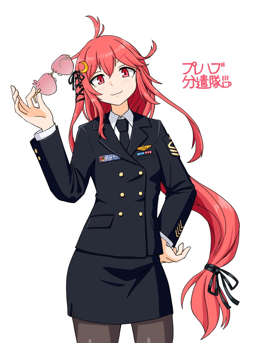 1girl absurdres ahoge badge black_jacket black_pantyhose black_skirt buttons collared_shirt cowboy_shot crescent crescent_hair_ornament double-breasted dress_shirt hair_ornament hair_ribbon hand_on_own_hip highres holding holding_removed_eyewear jacket kantai_collection long_hair long_sleeves looking_at_viewer low-tied_long_hair military_uniform pantyhose pencil_skirt red_eyes red_hair ribbon samusara shirt simple_background skirt smile solo unworn_eyewear uzuki_(kancolle) white_background white_shirt