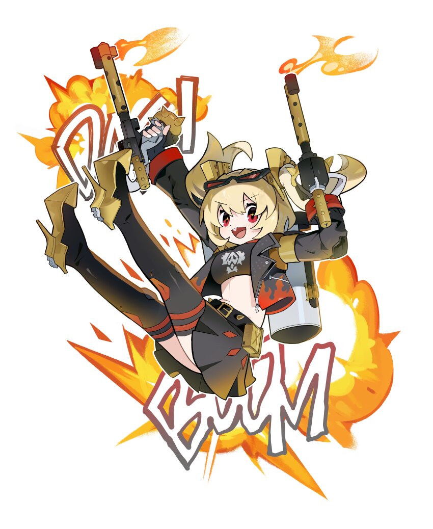 +_+ 1girl absurdres belt black_gloves black_jacket black_shirt black_skirt black_thighhighs blonde_hair breasts burnice_white crop_top explosion explosion_background eyewear_on_head fingerless_gloves fire flamethrower gloves high_heels highres holding holding_flamethrower holding_weapon jacket long_hair long_sleeves looking_at_viewer midriff morizo_(morizoshop) open_clothes open_jacket open_mouth propaganda propane_tank red_eyes shirt shoes simple_background skirt small_breasts smile solo sound_effects sunglasses thighhighs twintails weapon white_background yellow_shoes zenless_zone_zero