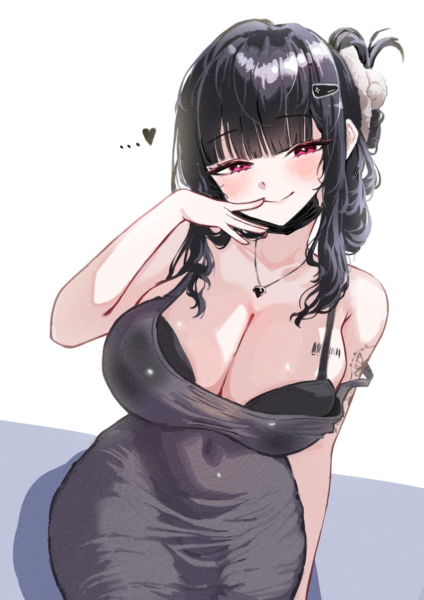 ... 1girl absurdres arm_tattoo barcode barcode_tattoo black_bra black_mask bra bra_peek breast_tattoo breasts butterfly_tattoo cleavage commentary d_(killer_wife)_(nikke) d_(nikke) dongtan_dress dress english_commentary goddess_of_victory:_nikke grey_dress hang_g0923 heart heart_necklace highres jewelry meme_attire necklace official_alternate_costume pencil_dress solo tattoo underwear
