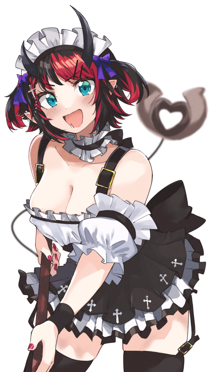 1girl :d absurdres alternate_costume alternate_hairstyle back_bow black_bow black_choker black_hair black_horns black_skirt black_thighhighs blue_eyes bow breasts choker cleavage commentary_request cowboy_shot cross cross_print demon_girl demon_horns demon_tail detached_sleeves ear_piercing earrings enmaided frilled_choker frilled_sleeves frills garter_straps hair_bow highres horns jewelry large_breasts looking_at_viewer maid maid_headdress milestone_celebration miniskirt multicolored_hair nanashi_inc. open_mouth piercing pleated_skirt pointy_ears purple_bow red_hair red_nails ryugasaki_rene short_hair simple_background skirt smile solo sugar_lyric tail thighhighs translation_request two-tone_hair two_side_up virtual_youtuber white_background white_sleeves zono_(inokura_syuzo029)