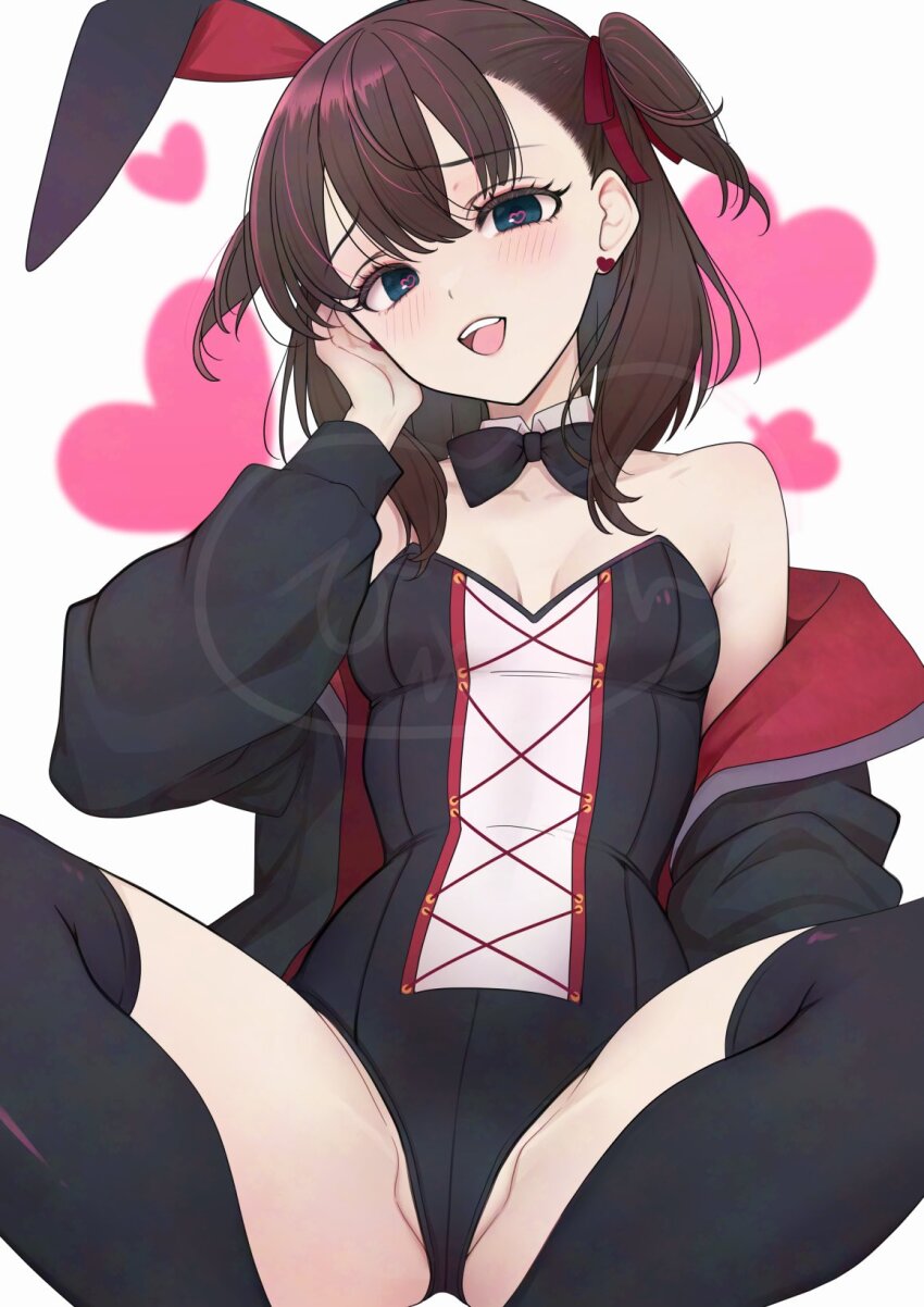 1girl :d animal_ear_hairband animal_ears armpit_crease black_bow black_bowtie black_jacket black_leotard black_thighhighs blue_eyes blush bow bowtie breasts cleavage collar collarbone detached_collar dot_nose eyelashes fake_animal_ears forehead hairband hand_on_own_ear heart heart-shaped_pupils highres idolmaster idolmaster_cinderella_girls idolmaster_cinderella_girls_starlight_stage jacket leotard long_sleeves looking_at_viewer medium_hair open_mouth pussy pussy_peek rabbit_ear_hairband rabbit_ears sakuma_mayu saltylemontea single_bare_shoulder single_off_shoulder sitting small_breasts smile solo spread_legs strapless strapless_leotard symbol-shaped_pupils teeth thighhighs two_side_up upper_teeth_only white_collar