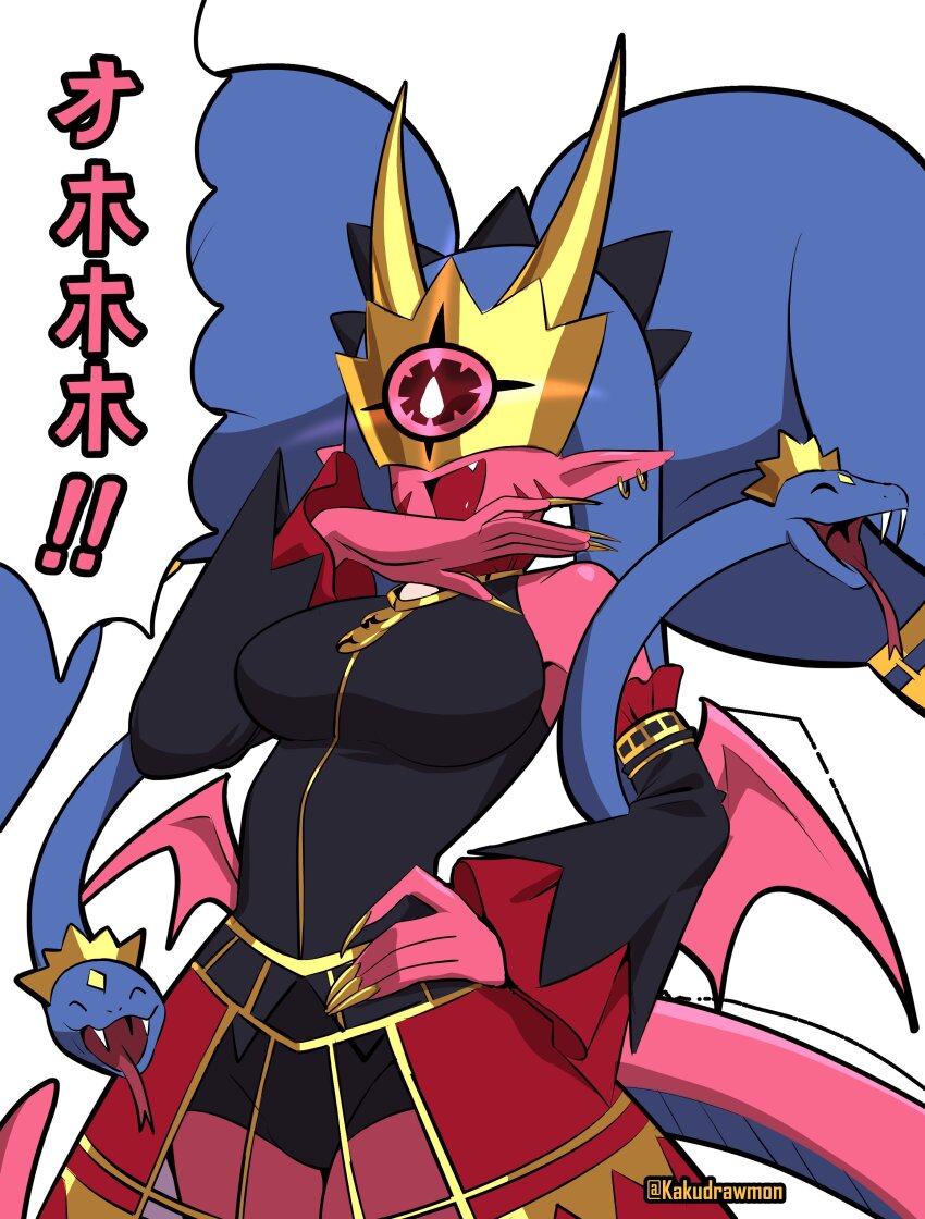 absurdres bike_shorts black_shirt black_shorts blue_hair breasts colored_skin cowboy_shot digimon digimon_(creature) dragon_girl earrings fang fingernails highres jewelry kakudrawmon large_breasts long_fingernails long_hair medium_breasts medusamon nail_polish ojou-sama_pose pink_skin pink_tail pink_wings pointy_ears shirt shorts simple_background snake translated twintails very_long_hair white_background wings