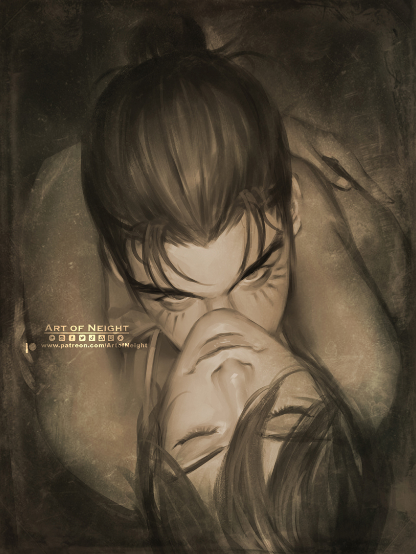 1boy 1girl arms_around_neck art_of_neight artist_name bra closed_eyes commentary english_commentary eren_yeager facial_mark hair_between_eyes hair_bun hetero highres hug kubrick_stare looking_at_viewer mikasa_ackerman sepia shingeki_no_kyojin short_hair single_hair_bun smile twitter_logo underwear watermark web_address
