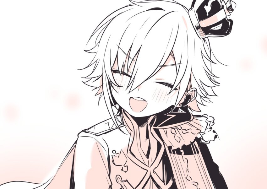 1boy :d cape closed_eyes cr-r crown epaulettes facing_viewer hair_between_eyes light_blush male_focus mini_crown monochrome nijisanji official_alternate_costume open_mouth short_hair single_epaulette smile solo teeth upper_body upper_teeth_only uzuki_kou v-shaped_eyebrows virtual_youtuber