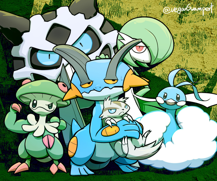 altaria artist_name black_eyes blue_eyes blue_skin bob_cut breloom brown_fur claws colored_sclera colored_skin gardevoir gen_3_pokemon glalie green_hair hair_over_one_eye highres linoone nintendo orange_sclera pink_eyes pokemon pokemon_(creature) smile swampert sweatdrop veganswampert