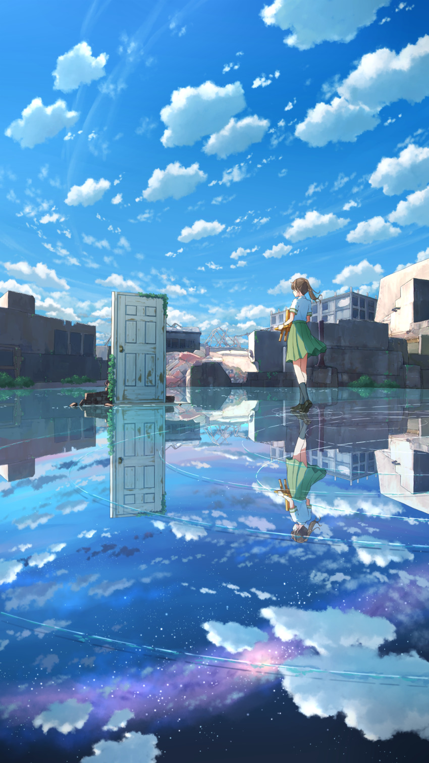 1girl anyotete black_socks blue_sky brick brown_shoes building cloud commentary_request door from_behind green_skirt highres holding_chair iwato_suzume kneehighs loafers munakata_souta outdoors overgrown reflection reflective_floor ruins scenery school_uniform shirt shoes short_sleeves skirt sky socks solo standing star_(sky) starry_sky suzume_no_tojimari white_shirt wide_shot