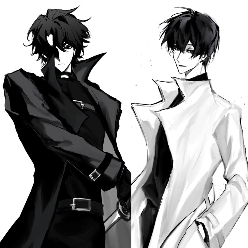 2boys artist_request black_coat black_eyes black_gloves black_hair black_shirt coat commission contrapposto cowboy_shot curtained_hair gloves grin hands_in_pockets hashtag-only_commentary high_collar highres kim_dokja looking_at_viewer male_focus multiple_boys omniscient_reader&#039;s_viewpoint open_clothes open_coat partially_shaded_face popped_collar second-party_source serious sheath shirt short_hair smile unsheathing white_coat wind yoo_joonghyuk