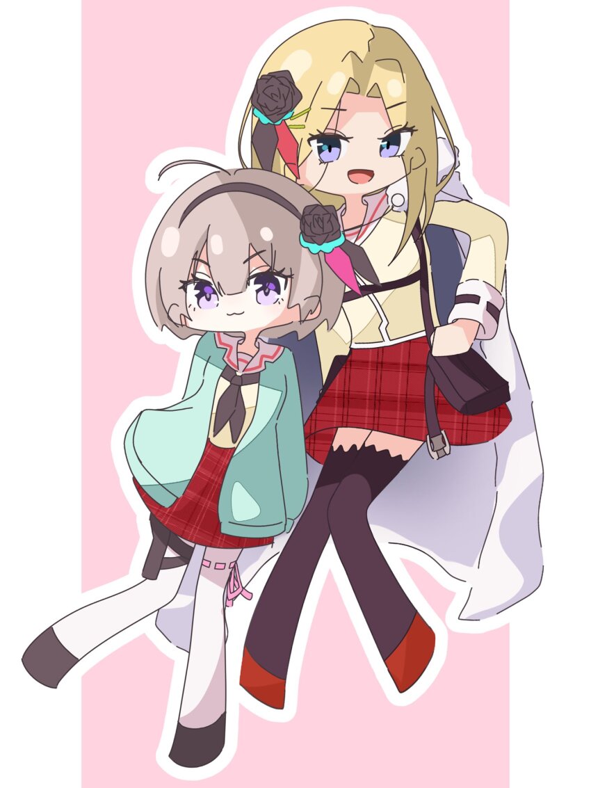 2girls ahoge black_flower blonde_hair cape cardigan flower fur-trimmed_cape fur_trim green_cardigan grey_hair hair_flower hair_ornament heaven_burns_red highres long_sleeves medium_hair minase_ichigo minase_sumomo multiple_girls rose sailor_collar shirt short_hair siblings sisters vbds white_sailor_collar