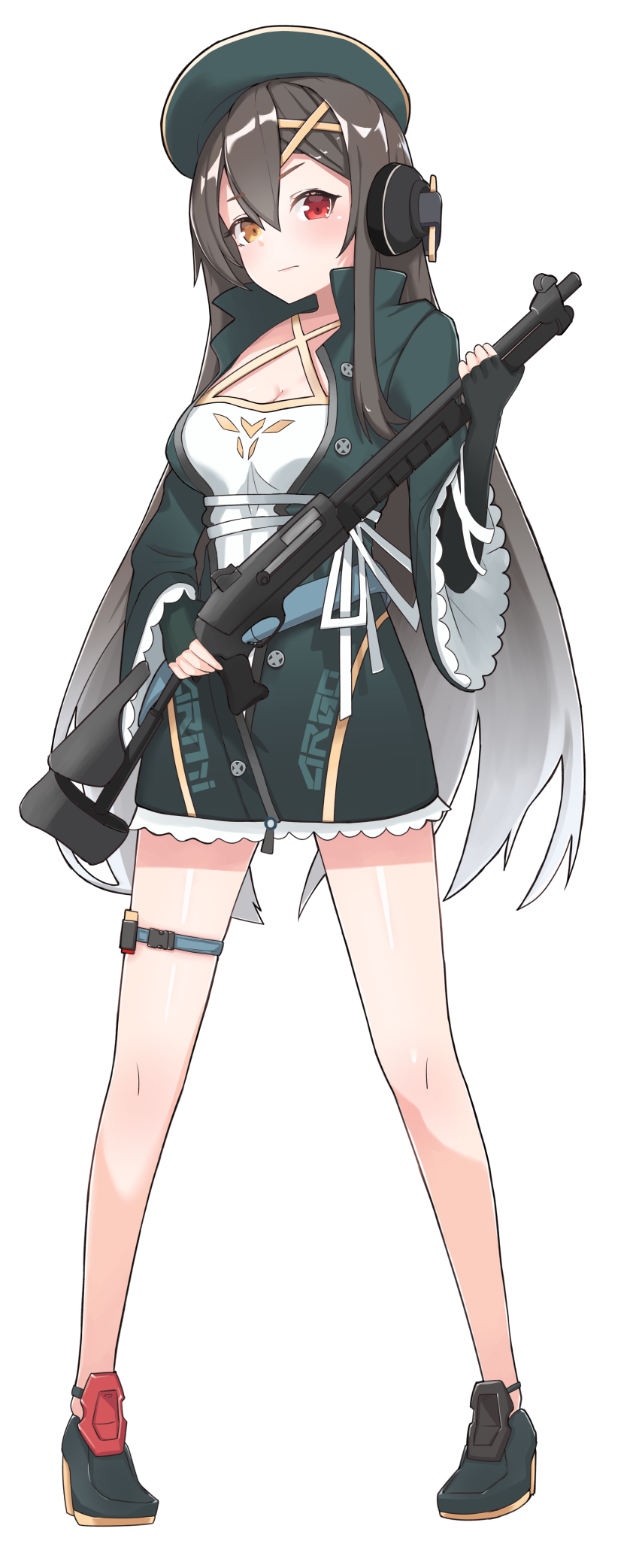 1girl absurdres benelli_m4_super_90 beret black_hair dress full_body girls&#039;_frontline gun hat headphones highres long_hair m1014 m1014_(girls&#039;_frontline) nabiyan shoes shotgun solo thighs weapon white_background