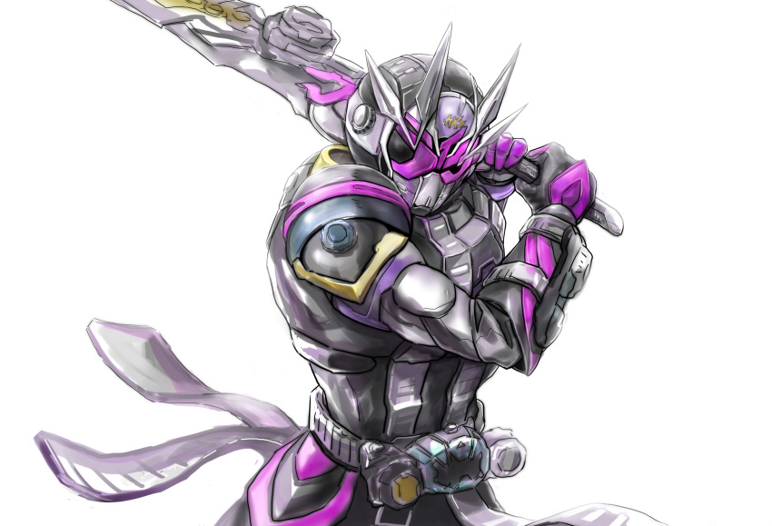 1boy alternate_costume armor black_armor black_bodysuit bodysuit clock_hands compound_eyes extra_horns gloves highres huujyu kamen_rider kamen_rider_zi-o kamen_rider_zi-o_(series) kamen_rider_zi-o_ii male_focus official_alternate_costume pink_eyes pink_gloves sword weapon zikan_girade ziku_driver