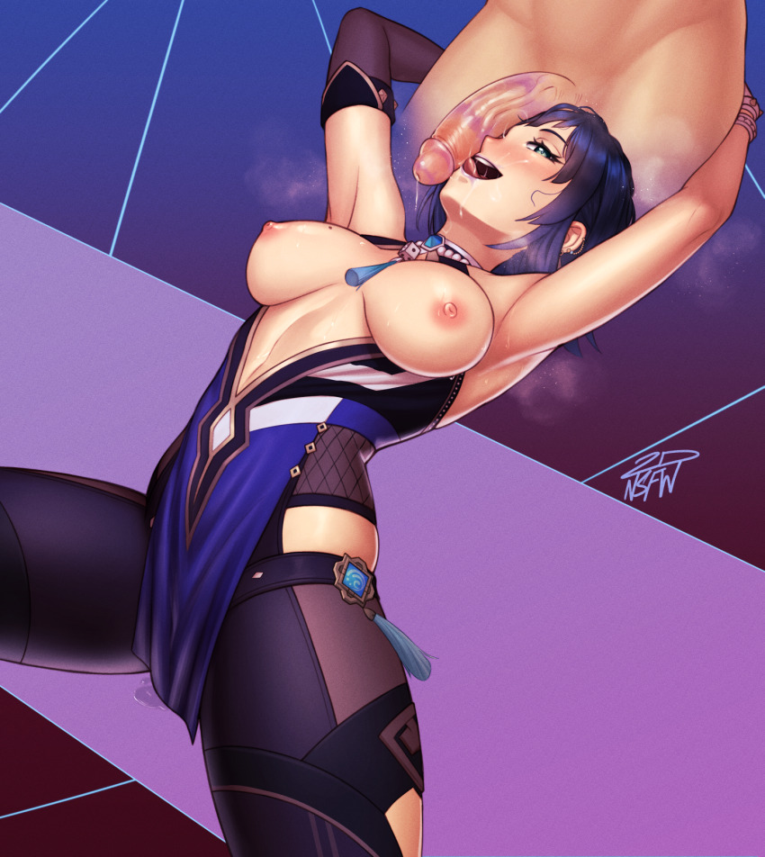 1boy 1girl 2dswirl after_fellatio armpits asymmetrical_gloves blue_hair breasts breasts_out cum dice earrings fellatio genshin_impact gloves hetero highres jewelry large_breasts large_penis licking licking_penis lipstick_mark lipstick_ring looking_at_viewer lying messy_hair mismatched_gloves mole mole_on_breast multicolored_hair nipples oral penis penis_on_face purple_lips saliva short_hair uncensored yelan_(genshin_impact)
