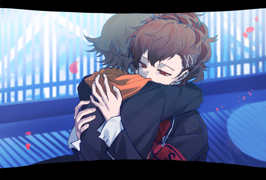 1boy 1girl amada_ken armband black_jacket brown_hair commentary_request eca_leaf gekkoukan_high_school_uniform hair_ornament hairclip highres hood hood_down hug jacket letterboxed long_sleeves outdoors persona persona_3 persona_3_portable petals railing red_armband red_eyes school_uniform shiomi_kotone