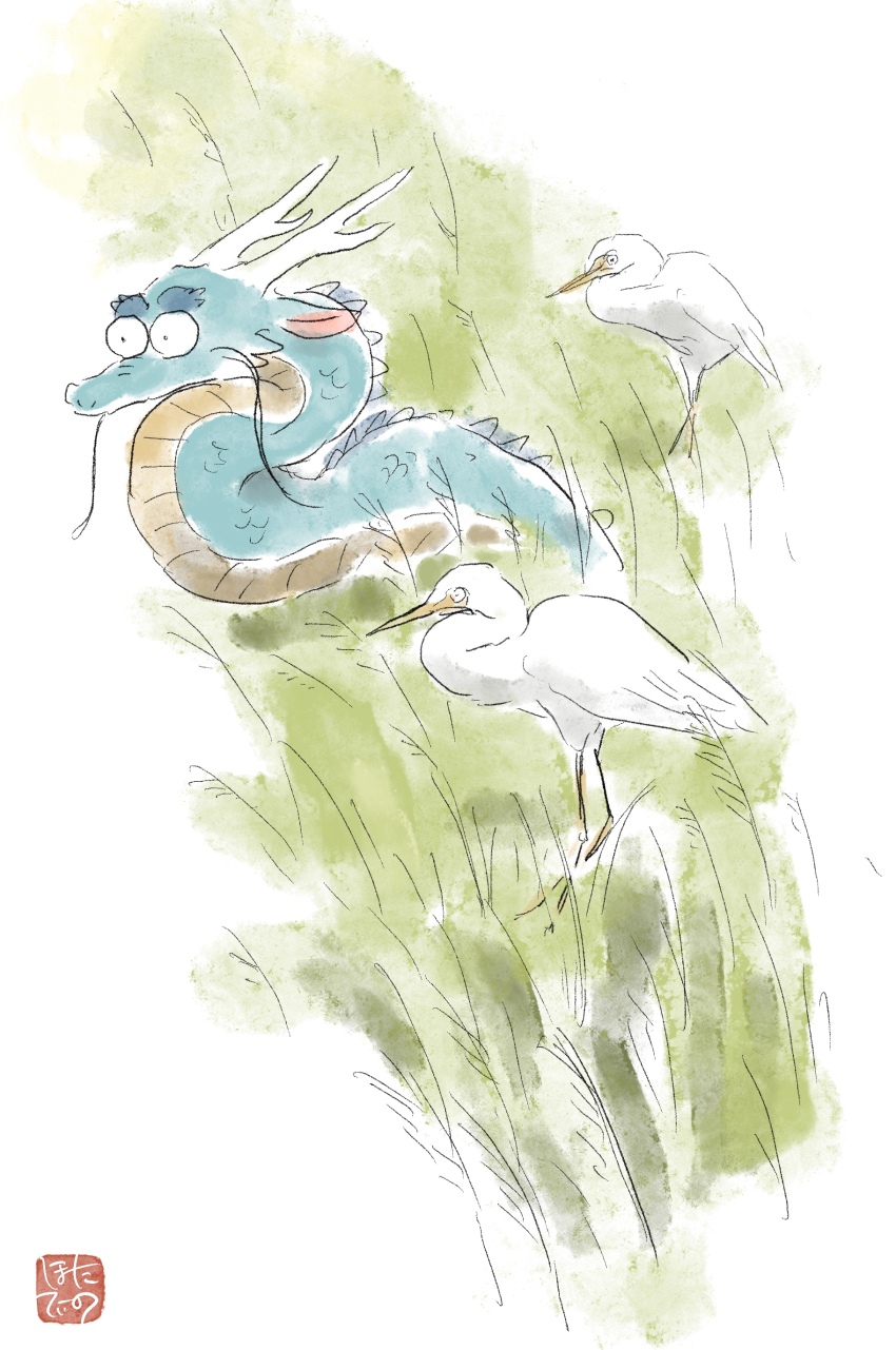 absurdres animal bird commentary_request crane_(animal) dragon eastern_dragon grass green_background highres hotathino imitating original outdoors