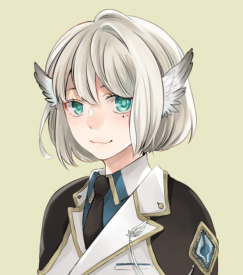 1girl black_necktie blazer blue_eyes blue_shirt bob_cut closed_mouth collared_shirt commentary_request feathered_wings genetic_(ragnarok_online) head_wings highres jacket mole mole_under_eye necktie official_alternate_costume ragnarok_online shirt short_hair simple_background smile solo white_hair white_jacket white_wings wings yellow_background yutsuki