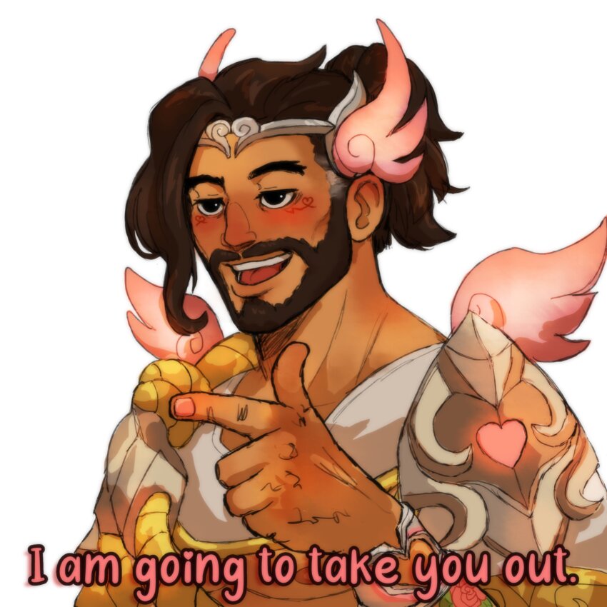 1boy absurdres arrow_(projectile) asian beard black_hair blush bow_(weapon) brown_hair cupid_hanzo dark-skinned_male dark_skin facial_hair hanzo_(overwatch) highres index_finger_raised kirsch_(kirschetc) male_focus official_alternate_costume overwatch short_hair solo tiara underpec upper_body valentine weapon