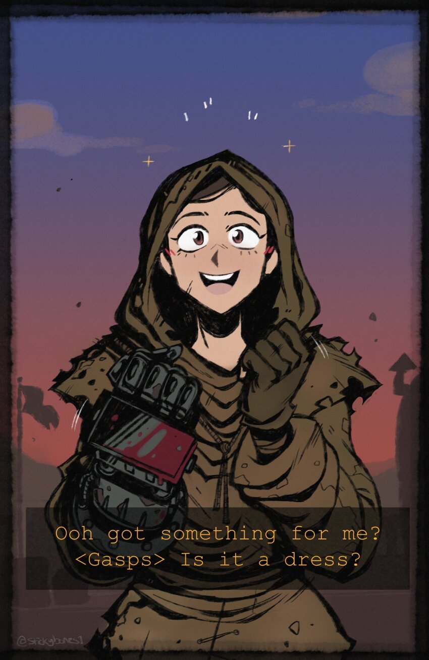 1girl artist_name blush brown_eyes brown_gloves brown_hair clenched_hands cloud english_text fallout fallout:_new_vegas flag gloves highres hood looking_at_viewer open_mouth orange_sky power_fist robe sky solo sparkle stickybones1 veronica_santangelo