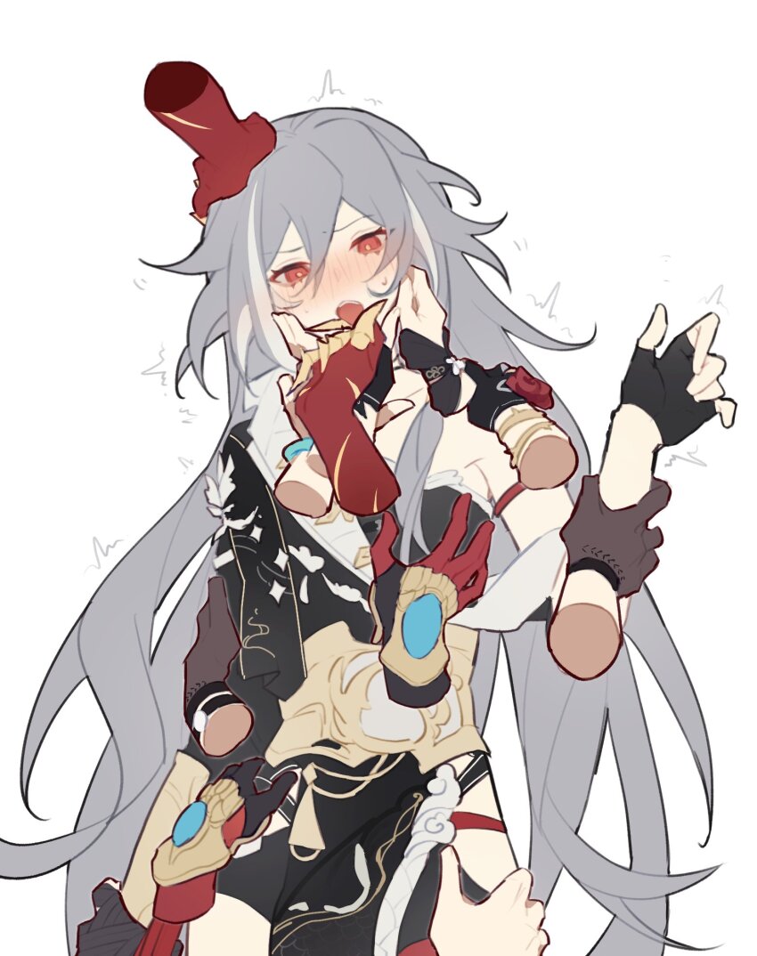 6+girls arm_grab blush bracelet brown_garter_straps chinese_clothes chinese_commentary claws dual_persona female_pov fingerless_gloves fu_hua fu_hua_(blood_voivode) fu_hua_(garuda) fu_hua_(hawk_of_the_fog) fu_hua_(night_squire) fu_hua_(phoenix) fu_hua_(rustic_noir) fu_hua_(shadow_knight) fu_hua_(valkyrie_accipiter) gloves grabbing_another&#039;s_breast grey_hair groping hair_between_eyes hand_on_another&#039;s_cheek hand_on_another&#039;s_chin hand_on_another&#039;s_face hand_on_another&#039;s_head hand_on_another&#039;s_shoulder haruka_(rsyaooooo) highres honkai_(series) honkai_impact_3rd jewelry long_hair multicolored_hair multiple_girls open_mouth pov pov_hands red_eyes red_gloves simple_background streaked_hair thigh_grab upper_body very_long_hair white_background yuri