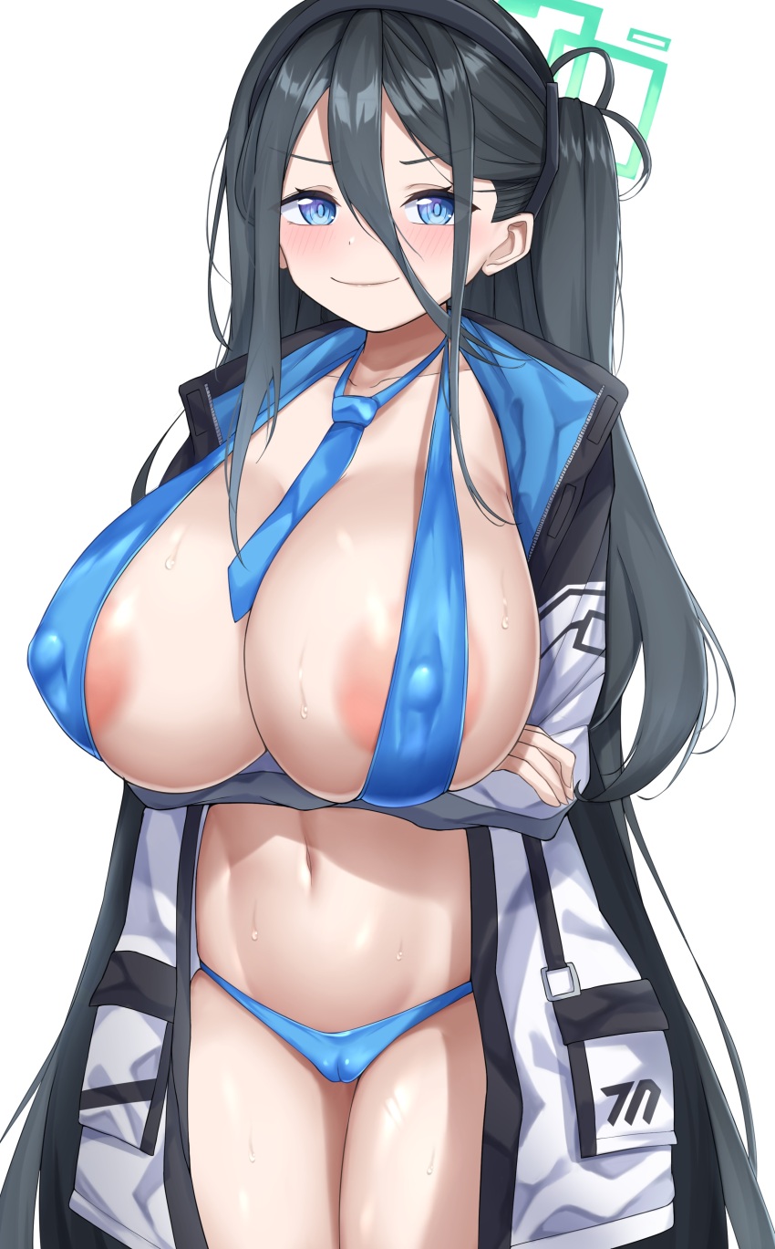 1girl absurdres alternate_breast_size areola_slip aris_(blue_archive) bikini black_hair black_jacket blue_archive blue_bikini blue_eyes blush breasts cleavage collarbone covered_erect_nipples crossed_arms hair_between_eyes hairband halo highres huge_breasts jacket long_hair looking_at_viewer multicolored_jacket navel necktie open_clothes open_jacket sharen sidelocks smile solo swimsuit two-tone_jacket very_long_hair white_jacket