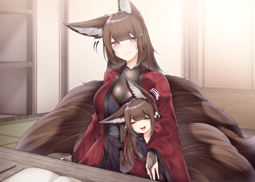 2girls absurdres amagi-chan_(azur_lane) amagi_(azur_lane) animal_ear_fluff animal_ears azur_lane bodystocking book brown_hair brown_sash brown_tail closed_mouth dated_commentary eyeshadow fox_ears fox_girl fox_tail gloves hair_ornament highres indoors japanese_clothes kimono kitsune kyuubi long_hair makeup mother_and_daughter motion_lines multiple_girls multiple_tails open_mouth partially_fingerless_gloves purple_eyes red_eyeshadow red_kimono samip smile table tail teeth thick_eyebrows upper_teeth_only