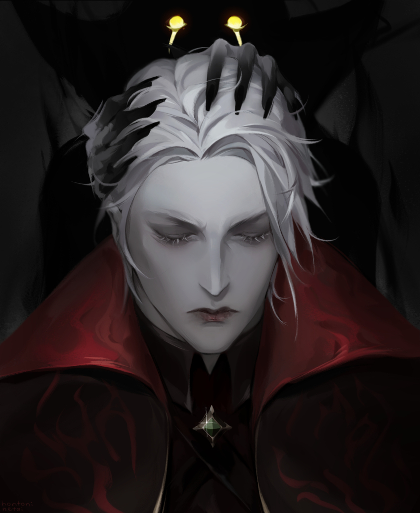1boy 1girl black_cape black_shirt black_skin cape closed_eyes closed_mouth collared_shirt colored_skin glowing glowing_eyes grey_hair grey_skin highres hontoninetai league_of_legends leblanc_(league_of_legends) male_focus masque_of_the_black_rose_vladimir pale_skin red_cape shirt short_hair solo_focus upper_body vladimir_(league_of_legends)