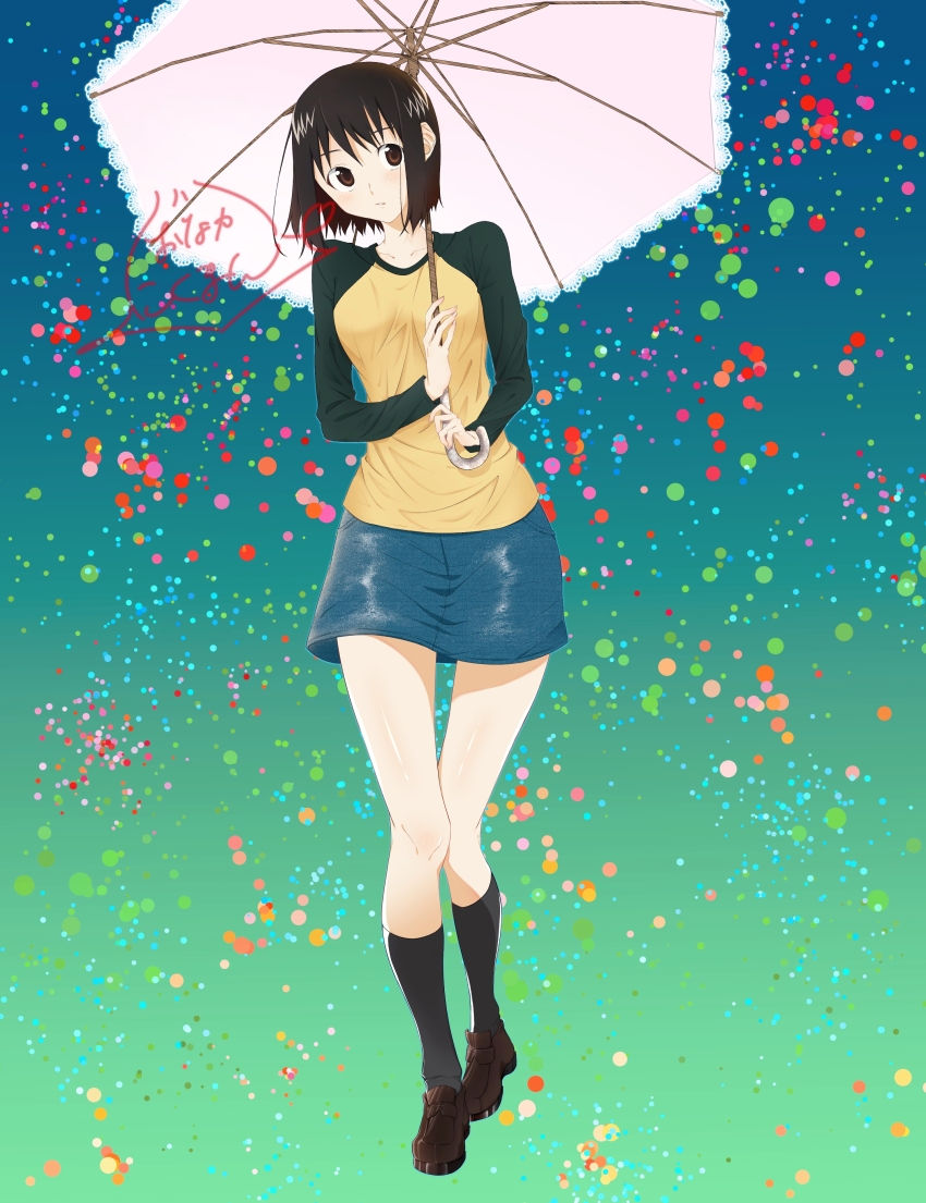1girl absurdres artist_name black_hair black_shirt black_socks blue_background blue_skirt bob_cut breasts brown_eyes brown_shoes circle closed_mouth commentary cowboy_shot denim denim_skirt expressionless full_body gradient_background green_background highres holding holding_umbrella kneehighs lace-trimmed_umbrella loafers long_sleeves looking_to_the_side loose_hair_strand nakahara_misaki nhk_ni_youkoso! onakanikuman parasol pink_umbrella raglan_sleeves shirt shoes short_hair signature skirt small_breasts socks solo thigh_gap translated two-handed two-tone_shirt umbrella walking yellow_shirt