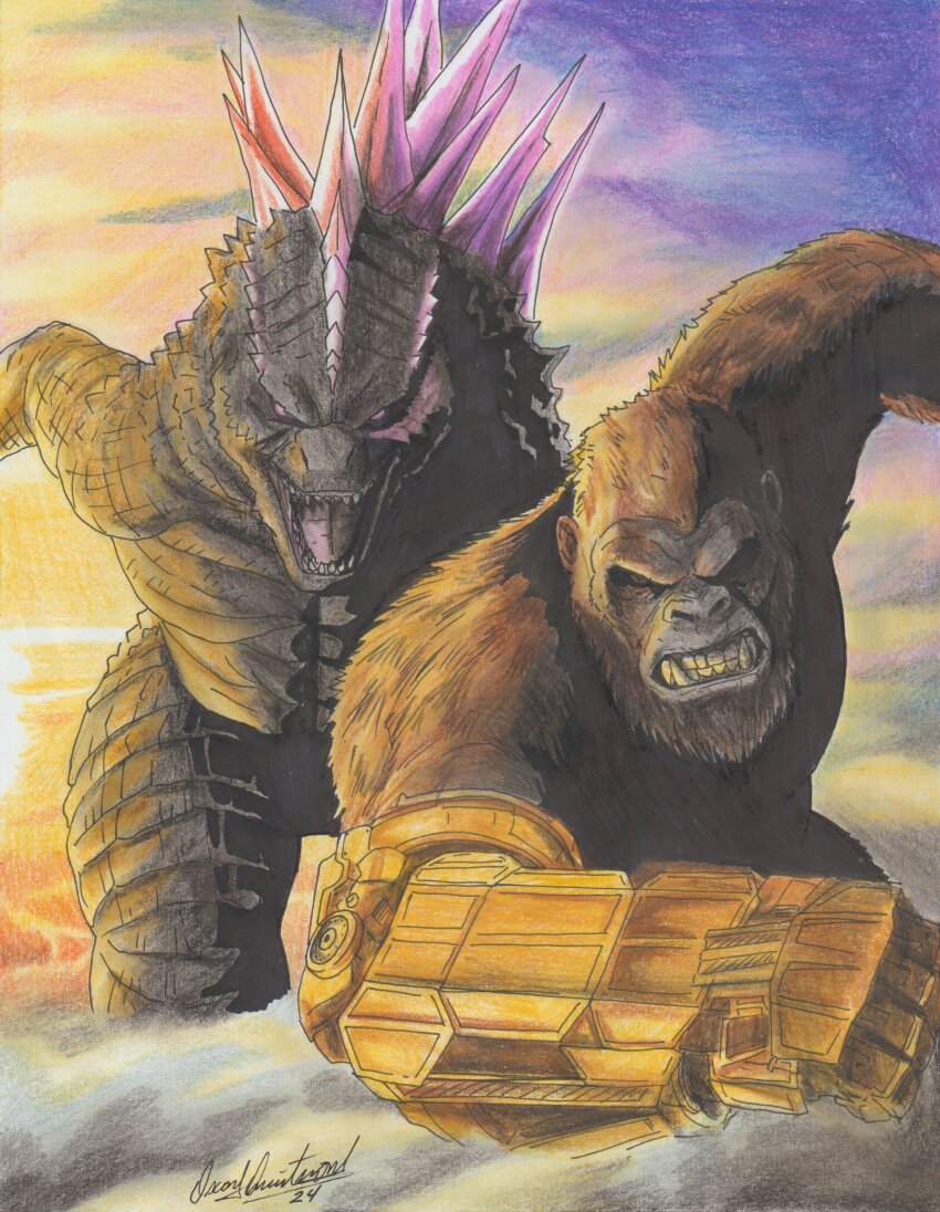 2024 2boys absurdres angry ape b.e.a.s.t._glove commission crossover electroshock_weapon fang gauntlets giant giant_monster godzilla godzilla_(monsterverse) godzilla_(series) godzilla_evolved godzilla_x_kong:_the_new_empire highres jumping kaiju king_kong king_kong_(series) legendary_pictures looking_at_viewer monster monsterverse multiple_boys no_humans open_mouth ravernclouk_design sharp_teeth sunset teeth toho traditional_media weapon