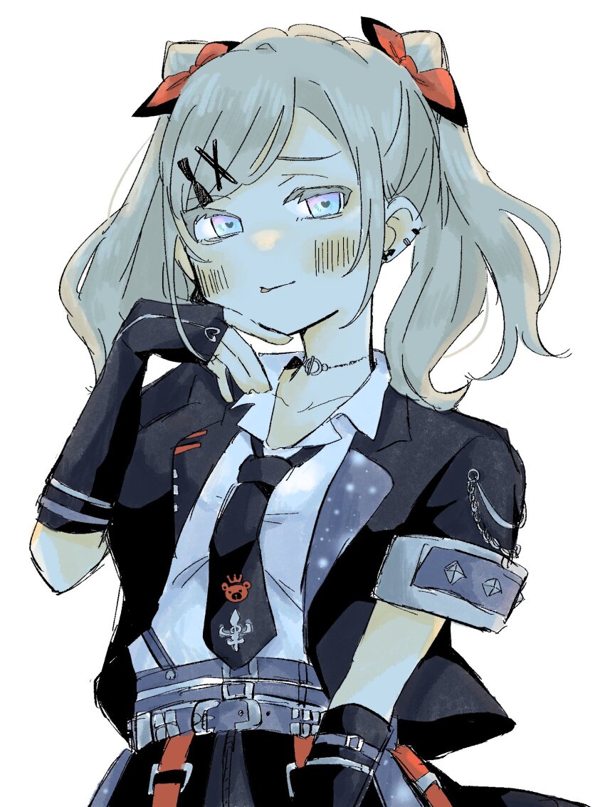 1girl :p black_gloves black_jacket black_necktie blush ceras_yanagida_lilienfeld closed_mouth collarbone collared_shirt commentary cone_hair_bun double_bun elbow_gloves fingerless_gloves gloves grey_hair hair_bun hair_ornament highres i_do_me!_(love_live!) jacket link!_like!_love_live! looking_at_viewer love_live! necktie official_alternate_costume open_clothes open_collar open_jacket panda_no_gohan shirt short-sleeved_jacket short_sleeves simple_background smile solo tongue tongue_out twintails upper_body virtual_youtuber white_background white_shirt x_hair_ornament