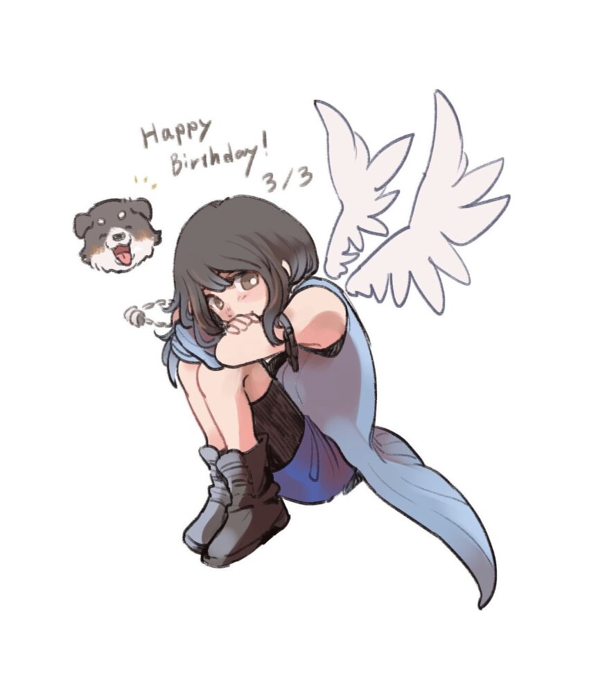 1girl angel_wings angelo_(ff8) arm_ribbon arms_on_knees black_footwear black_hair black_ribbon blue_shirt blue_shorts boots brown_eyes commentary_request crossed_arms dated dog feathered_wings feathers final_fantasy final_fantasy_viii happy_birthday head_on_knees highres jewelry light_smile long_hair necklace ribbon rinoa_heartilly shirt shorts sitting smile solo_focus tasituma2 white_feathers wings
