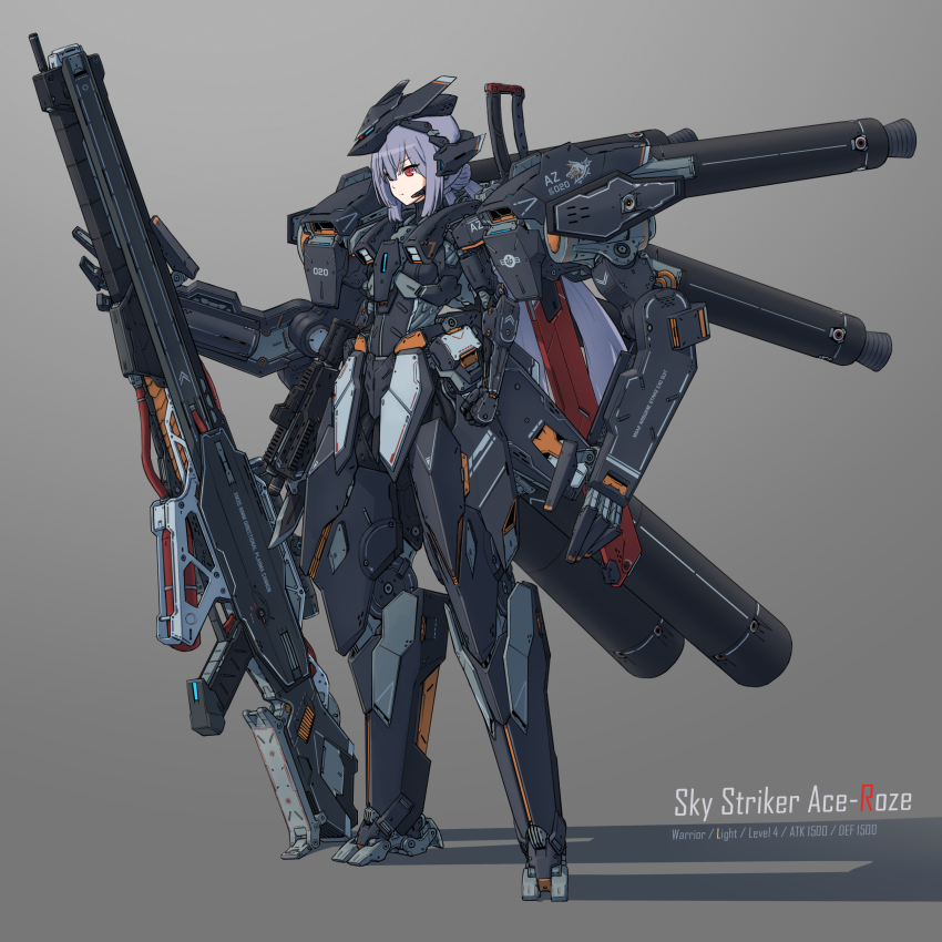 1girl absurdres character_name commentary_request exoskeleton extra_arms fisheye grey_hair gun highres holding holding_cannon holding_gun holding_weapon long_hair maxilax mecha mechanical_arms mechanical_legs red_eyes robot science_fiction simple_background sky_striker_ace_-_roze standing visor_lift weapon yu-gi-oh! yu-gi-oh!_duel_monsters