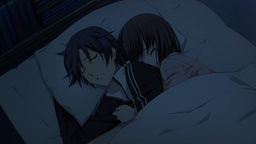 &gt;_&lt; 1boy 1girl black_jacket blanket blue_hair book chaos;child chaos;child_love_chu_chu!! clenched_teeth closed_eyes fingernails game_cg head_on_pillow highres hug hug_from_behind jacket library lying messy_hair miyashiro_takuru nervous_sweating non-web_source official_art on_bed pajamas pillow pink_pajamas sasaki_mutsumi scared shared_bed shiny_skin short_hair sleeping_together sweat sweatdrop swept_bangs tachibana_yui teeth track_jacket under_covers