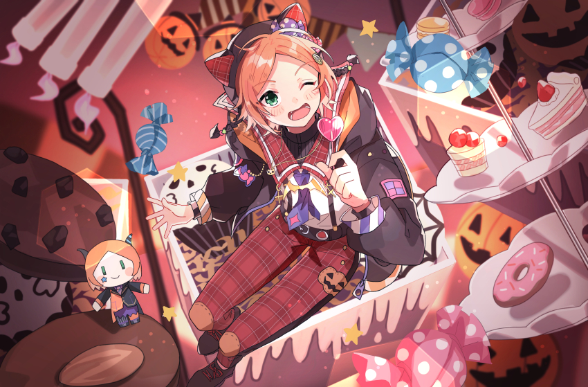 1boy ;d absurdres animal_hat aoi_hinata aoi_yuta belt black_hat black_jacket black_shoes box cake candle candy candy_hat_ornament cat_hat character_doll chullo collared_shirt contrast_collar cookie dessert donut ensemble_stars! fangs food from_above full_body gold_necklace green_eyes hair_ornament hairclip halloween hat high_collar highres holding holding_candy holding_food holding_lollipop hood hood_down hooded_jacket idol jacket jewelry layered_shirt legs_together lollipop looking_up macaron male_focus necklace necktie official_alternate_costume one_eye_closed open_hand open_mouth orange_hair pants parted_bangs patch plaid_clothes plaid_pants pumpkin purple_necktie sailor_collar shirt shoes short_hair shuilantao sitting sleeve_cuffs smile striped_clothes suspenders sweets_box_(ensemble_stars!) teeth tie_clip white_shirt wrapped_candy zipper zipper_pull_tab