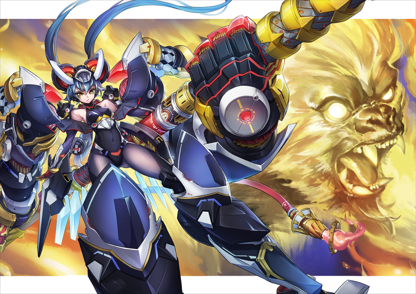 1girl armor bad_id bad_pixiv_id blue_hair fangs glowing glowing_eyes letterboxed looking_at_viewer machinery mecha_musume mechanical_arms mechanical_legs monkey monster open_mouth original sharp_teeth single_mechanical_arm staff teeth todee twintails