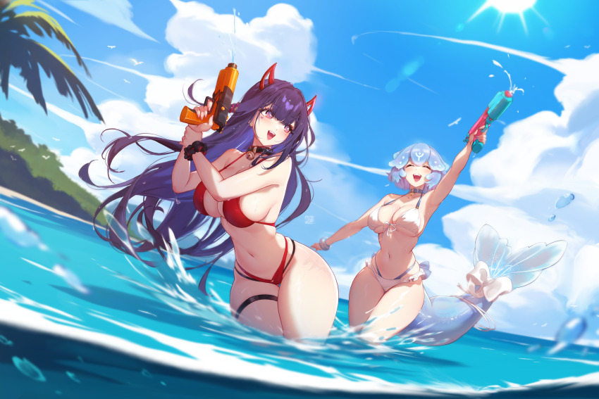 2girls :d absurdres akuma_nihmune bao_(vtuber) bikini blue_hair blush breasts cleavage cloud demon_girl demon_horns highres holding holding_water_gun horns indie_virtual_youtuber large_breasts long_hair mitsu_(mitsu_art) multicolored_bikini multiple_girls navel ocean open_mouth outdoors partially_submerged purple_hair red_bikini red_eyes sky smile swimsuit thighs two-tone_bikini variant_set very_long_hair virtual_youtuber water water_gun white_bikini