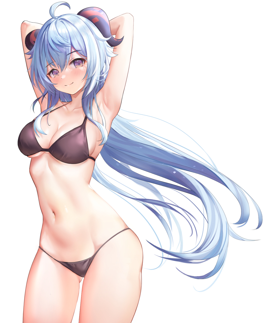 1girl ahoge armpits arms_behind_head arms_up bare_arms bare_shoulders bikini black_bikini blue_hair breasts collarbone cowboy_shot ganyu_(genshin_impact) genshin_impact gluteal_fold goat_horns halterneck highres horns long_hair looking_at_viewer medium_breasts navel purple_eyes rable simple_background smile solo standing stomach string_bikini swimsuit thighs very_long_hair white_background