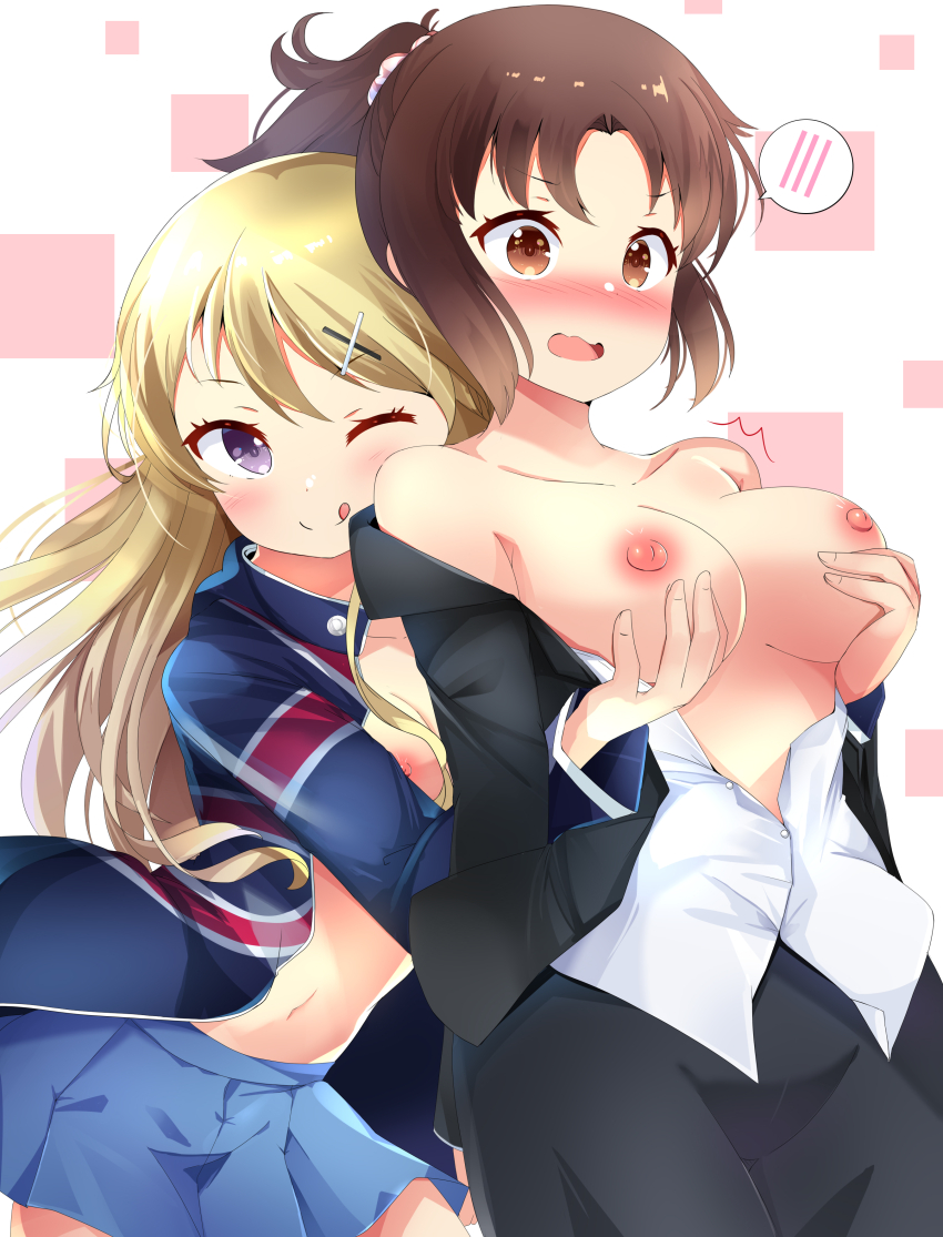2girls absurdres aru_(arudes) blonde_hair blue_skirt blush breasts breasts_out brown_eyes brown_hair commission embarrassed grabbing_another&#039;s_breast grabbing_from_behind groping highres kin-iro_mosaic kujou_karen kuzehashi_akari long_hair multiple_girls navel nipples no_bra one_eye_closed open_clothes open_mouth open_shirt pixiv_commission purple_eyes skirt stomach yuri