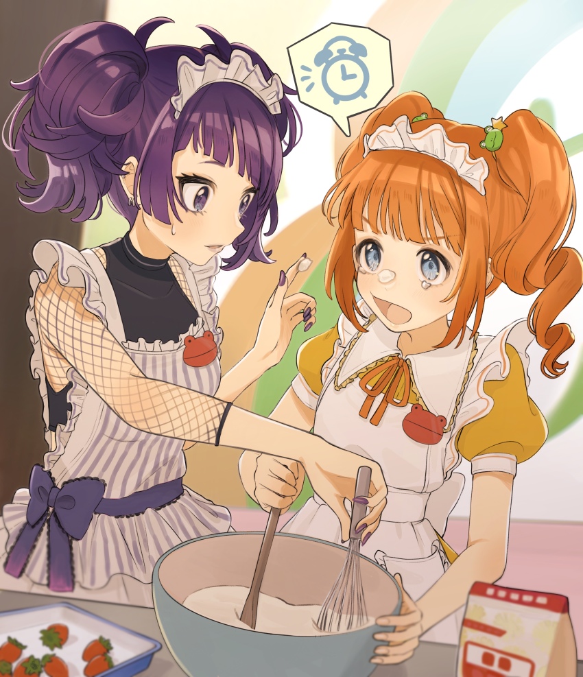 2girls absurdres apron back_bow bare_arms black_sports_bra blue_eyes blunt_bangs blurry blurry_background blurry_foreground blush bow breasts commentary commentary_request commission cooking covered_collarbone depth_of_field diagonal_bangs dress ear_piercing earrings english_commentary fingernails fishnet_top fishnets food food_on_face food_on_hand frilled_apron frilled_hairband frilled_ribbon frills frog_hair_ornament fruit hair_ornament hairband hand_up highres holding holding_spoon holding_whisk idolmaster idolmaster_(classic) idolmaster_shiny_colors indoors jewelry long_fingernails long_hair looking_at_another looking_down medium_breasts mixed-language_commentary mixing_bowl multiple_girls nail_polish open_mouth orange_hair orange_ribbon parted_lips piercing pixiv_commission puffy_short_sleeves puffy_sleeves purple_bow purple_eyes purple_hair purple_nails purple_ribbon raised_eyebrows ribbon ringlets short_sleeves sidelocks three-quarter_sleeves spoon sports_bra star_(symbol) star_hair_ornament strawberry striped_apron striped_clothes sweatdrop takatsuki_yayoi tanaka_mamimi tanupon tearing_up thick_eyelashes twintails underwear v-shaped_eyebrows vertical-striped_apron vertical-striped_clothes whisk white_apron white_bow wooden_spoon yellow_dress