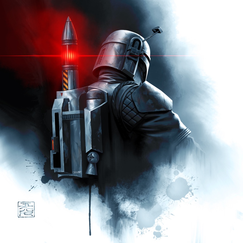 1boy 5health absurdres assault_visor boba_fett glowing helmet highres jetpack looking_down mandalorian prototype_design radio_antenna science_fiction solo star_wars upper_body